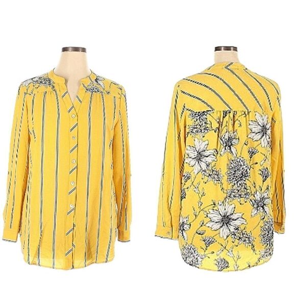 Anthropologie Fig & Flower Floral Yellow longSleeve Button Blouse Tunic Top PL - Picture 1 of 13